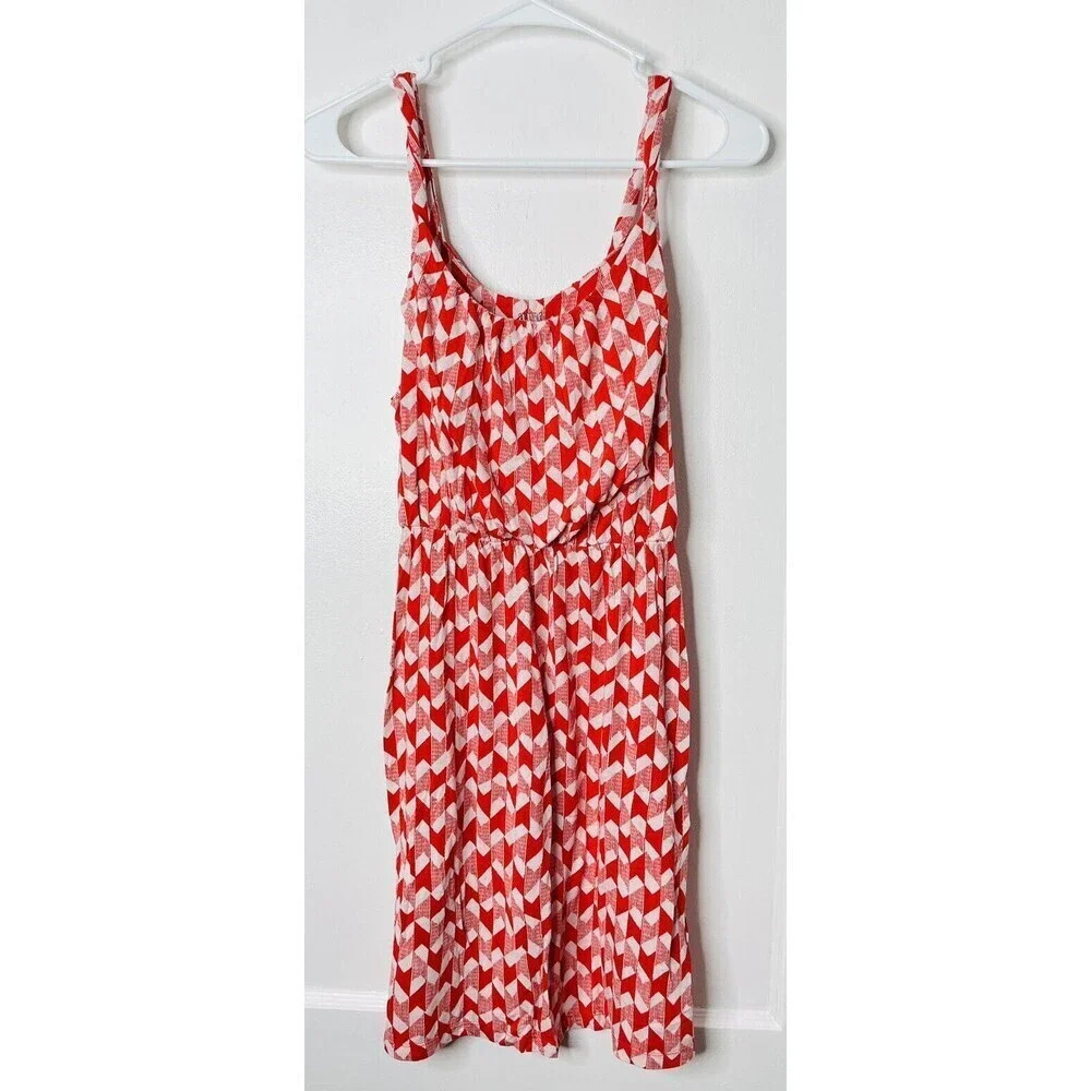 A.N.A. Mini Sundress Womens Sz S Red White Geometric Stretch Waist Sleeveless